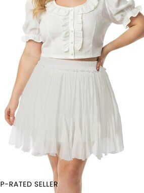 Plus Size Ruffle Mini Skort High Waist Elastic Pleated Skirt with Pockets